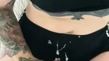 Hotwife gives bull a handjob and gets cum all over her shorts