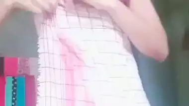 Cute girl stripping towel and showing hairy pussy