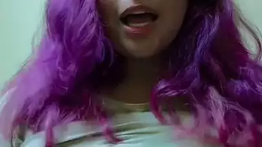 Purple head desi girl holding huge milk tankers